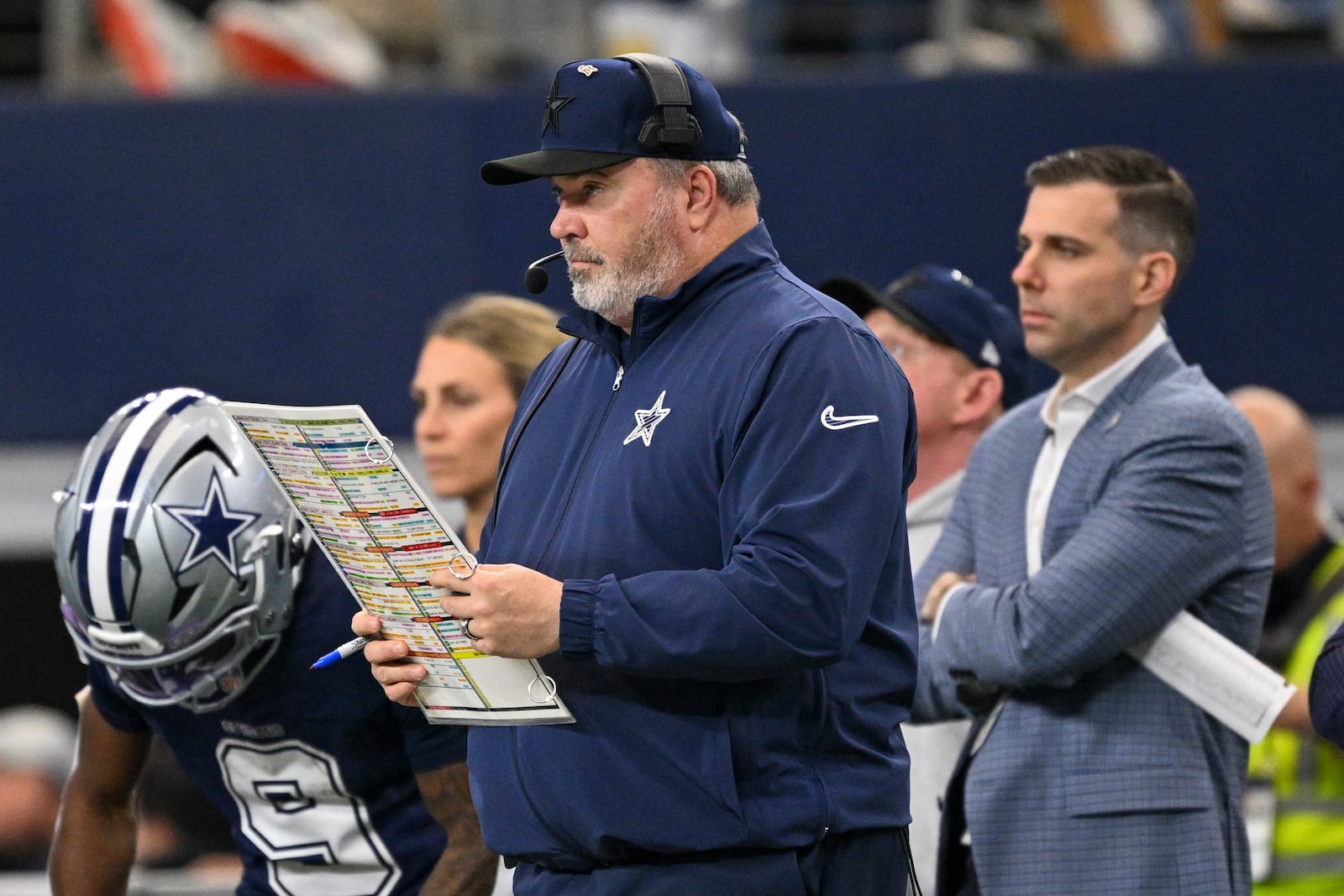 Dallas Cowboys head coach Mike McCarthy looks on during the first half of an NFL football game against the Washington Commanders, Sunday, Jan. 5, 2025, in Arlington, Texas. (AP Photo/Jerome Miron)