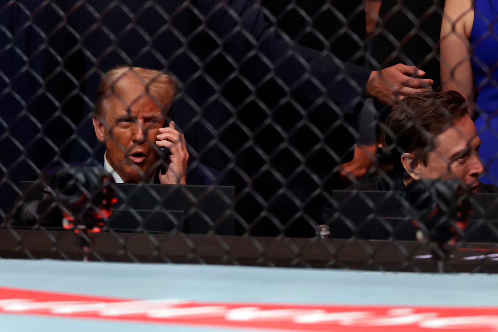 President-elect Donald Trump talks on the phone next to Elon Musk during a UFC 309 mixed martial arts flyweight title bout, Saturday, Nov. 16, 2024, in New York. (AP Photo/Adam Hunger)