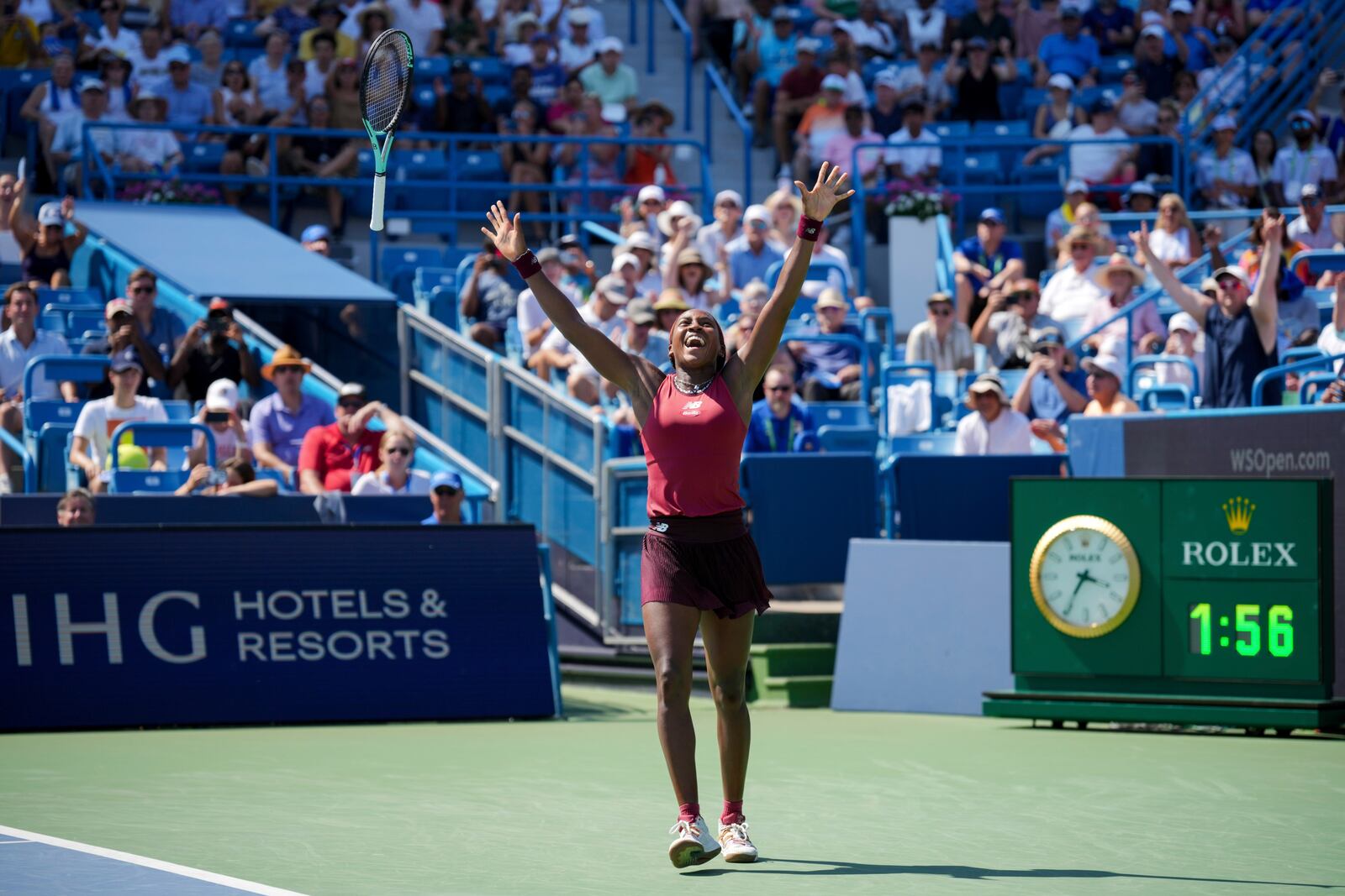 Coco Gauff, of the United States, celebrates match point against Karolina Muchova, of the Czech Republic, during the women's singles final of the Western & Southern Open tennis tournament, Sunday, Aug. 20, 2023, in Mason, Ohio. (AP Photo/Aaron Doster)