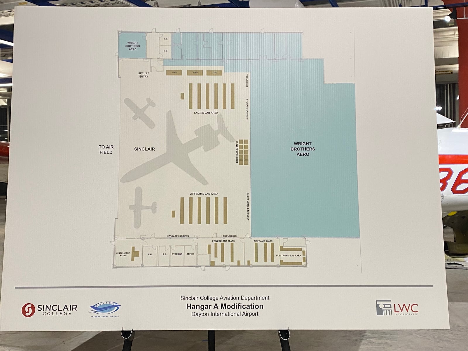 Plans for how a hanger at the Dayton International Airport would be modified to accommodate a new Aircraft Mechanic Training Facility. Eileen McClory / Staff