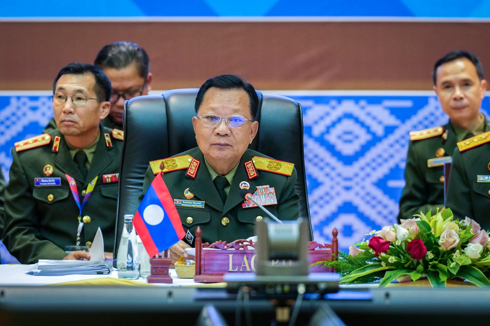 Laos' Defence Minister Chansamone Chanyalath addresses the ASEAN Defence Ministers' Meeting in Vientiane, Laos, Wednesday, Nov. 20, 2024. (AP Photo/Anupam Nath)