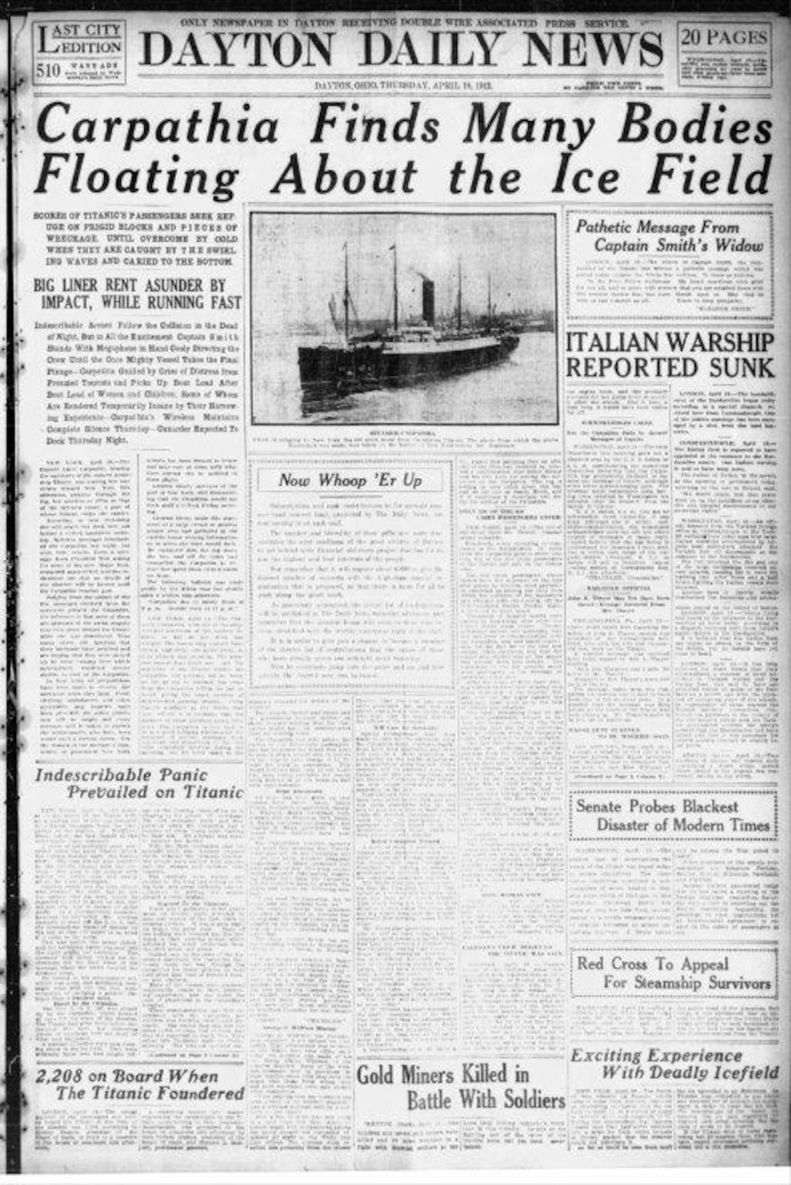 Dayton Daily News front page from April 18, 1912 covering the Titanic sinking.