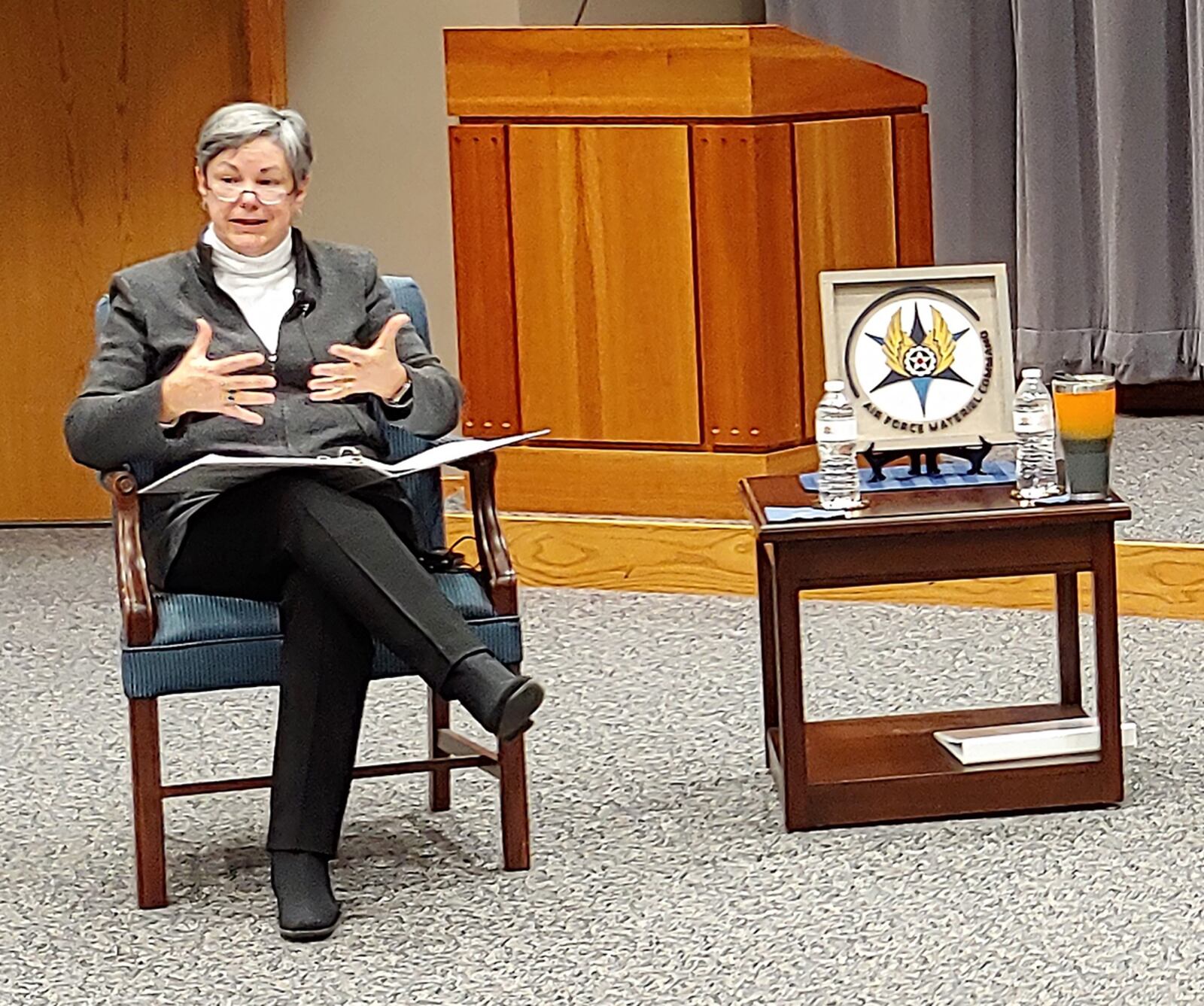 Patricia Young, Air Force Materiel Command executive director, discusses policy during the AFMC Town Hall on Jan. 7. U.S. AIR FORCE PHOTO/JERRY BYNUM