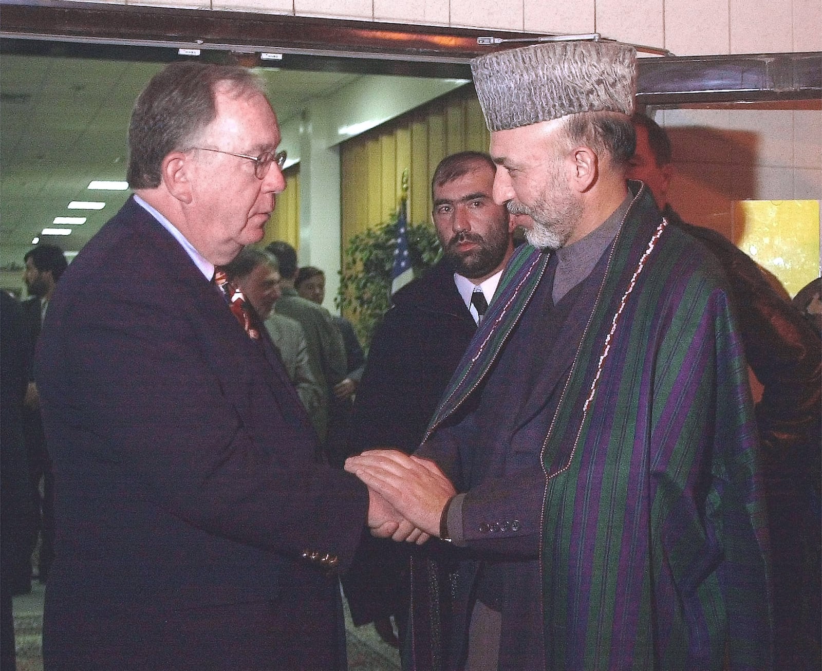 Rep. Dave Hobson, R-Springfield, left, chairman of the House Military Construction Appropriations Subcommittee, meets with Hamid Karzai, the interim President of Afghanistan, Sunday, Jan. 27, 2002 at Incirlik Air Force Base in Turkey. Hobson was visiting with members of the Ohio Air National Guard's 121st Air Refueling Wing (ARW) deployed to Incirlik as part of Operation Enduring Freedom, when Karzai's aircraft made a brief stop at the air base. (AP Photo/U.S. Air Force)