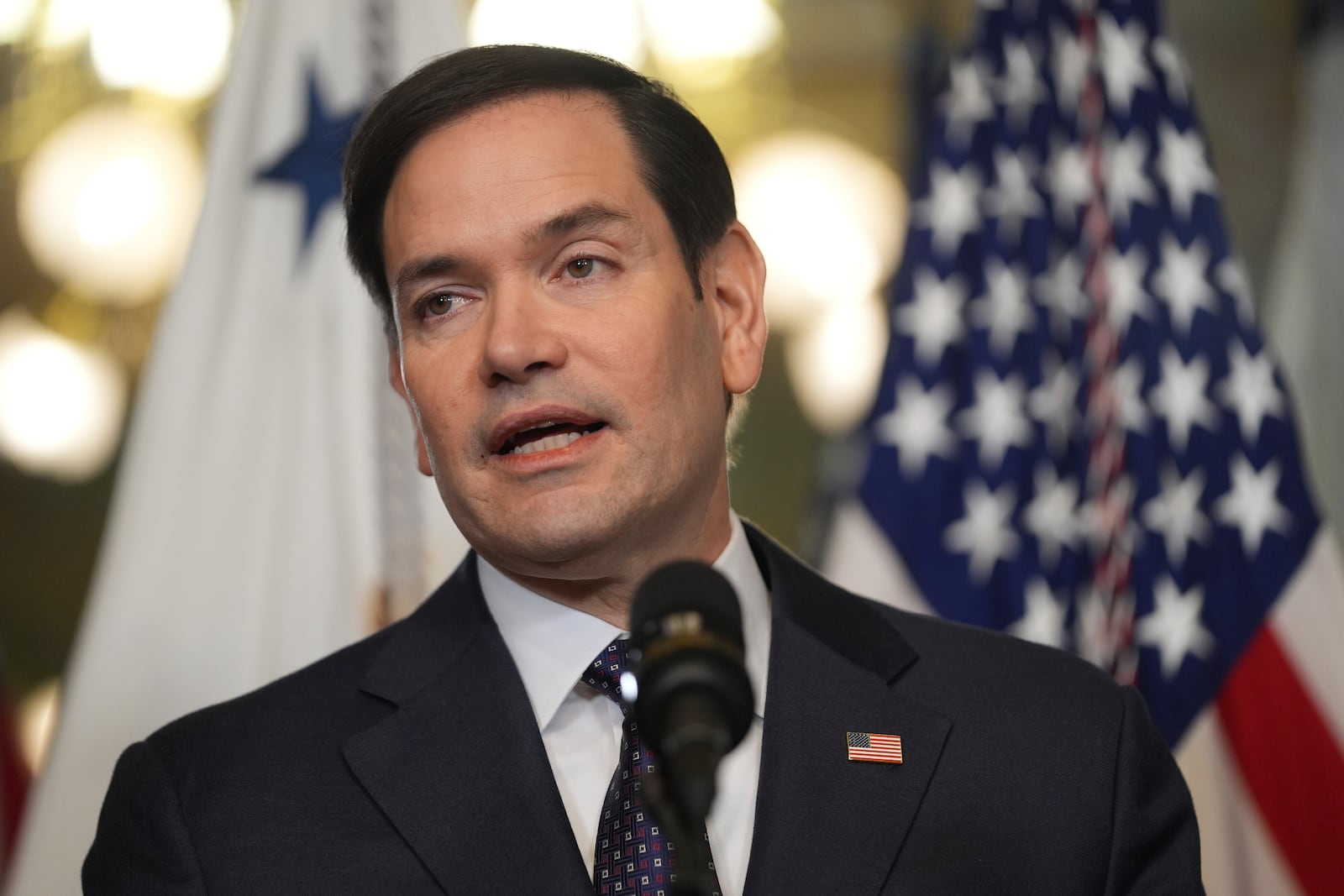 Secretary of State Marco Rubio speaks after being sworn in by Vice President JD Vance in the Vice Presidential Ceremonial Office in the Eisenhower Executive Office Building on the White House campus, Tuesday, Jan. 21, 2025, in Washington. (AP Photo/Evan Vucci)