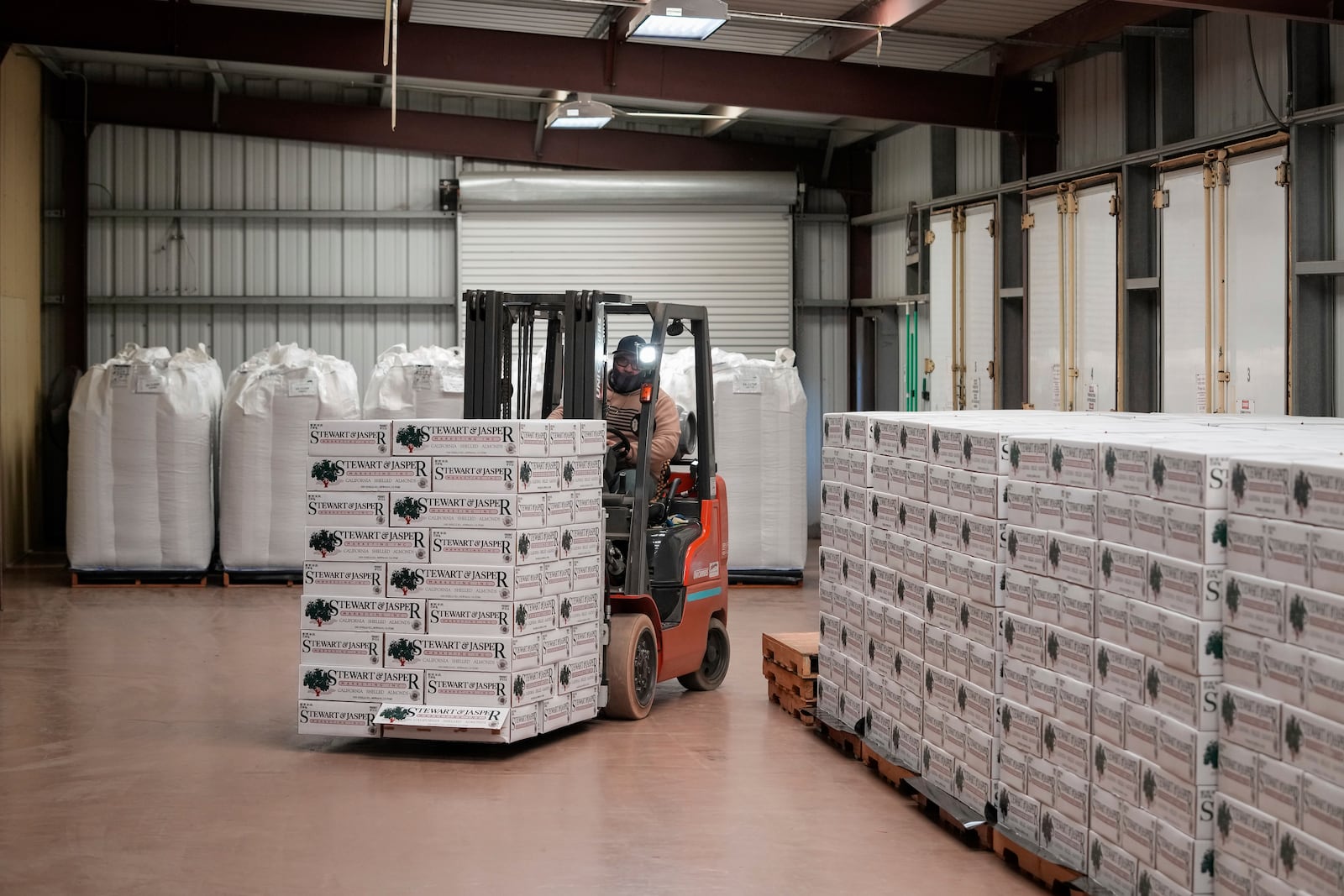 A worker moves 50-pound boxes of almonds at Stewart and Jasper Orchards, Friday, March 7, 2025, in Newman, Calif. (AP Photo/Godofredo A. Vásquez)