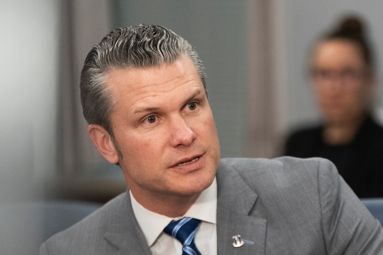 Secretary of Defense Pete Hegseth, responds to reporters' questions before the start of a meeting with Israeli Prime Minister Benjamin Netanyahu at the Pentagon, Wednesday, Feb. 5, 2025, in Washington. (AP Photo/Manuel Balce Ceneta)