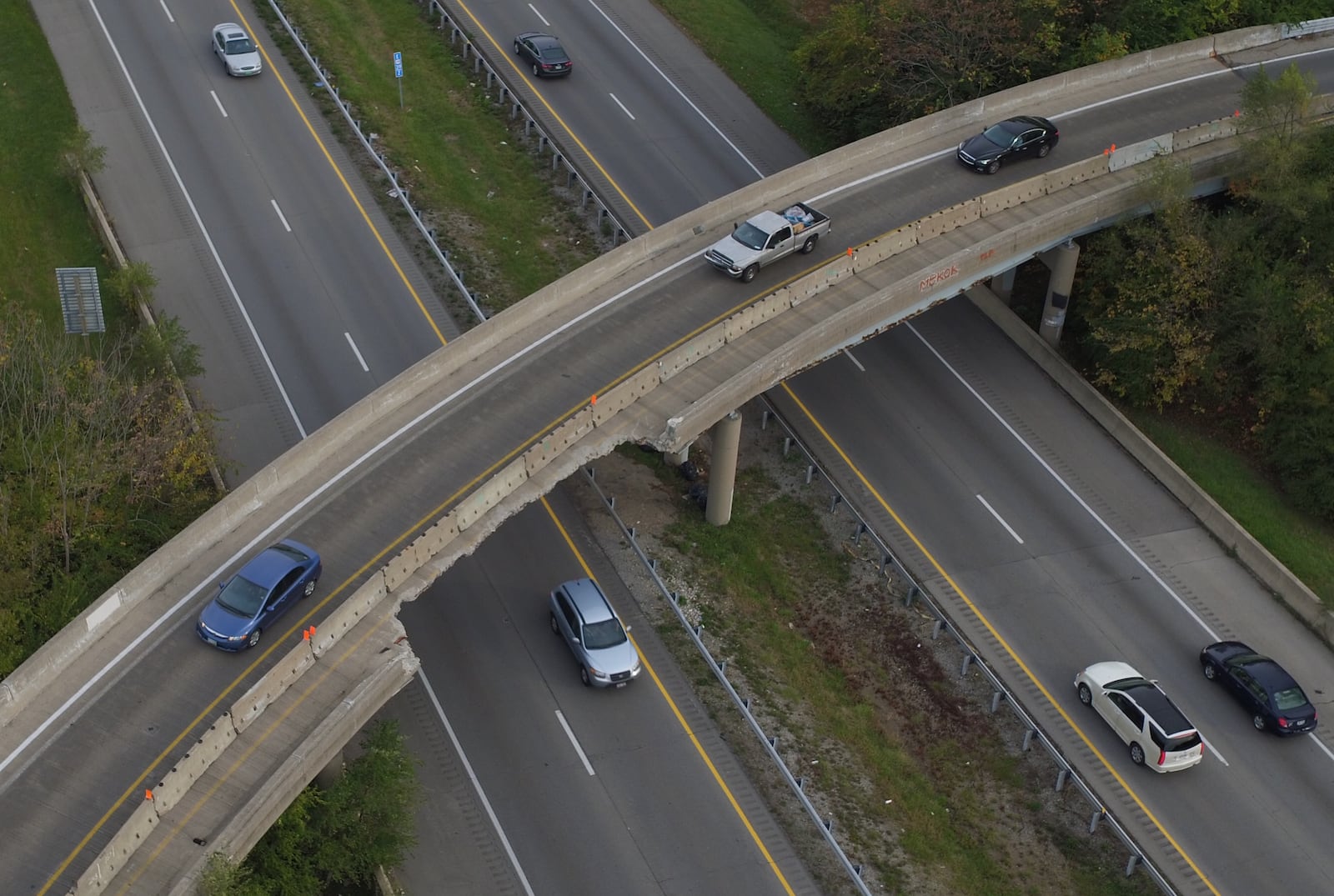 Ohio Department of Transportation engineers say the flyover ramp from Smithville Road to U.S. 35 is structurally safe despite damage from an accident. The bridge will not be repaired because it was scheduled to be eliminated in 2019, the state said. TY GREENLEES / STAFF