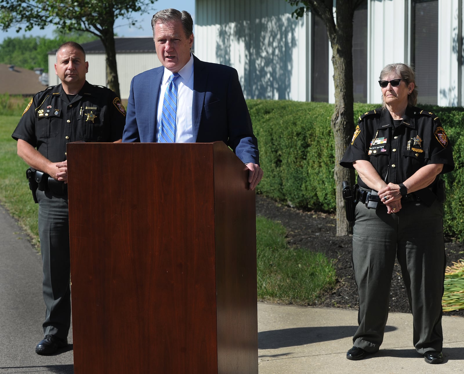 U.S. Rep. Mike Turner, R-Dayton, and other representatives in Congress reintroduced the Due Process Continuity of Care Act earlier this month. The bill would amend a portion of the Medicaid Inmate Exclusion Policy, which denies Medicaid coverage to eligible individuals being detained pretrial. Turner, along with Montgomery County Sheriff Rob Streck and Clark County Sheriff Deb Burchett, discussed the legislation at a press conference on Tuesday morning May 30, 2023, at the Montgomery County Sheriff’s Office road patrol division on Infirmary Road in Dayton. MARSHALL GORBY\STAFF