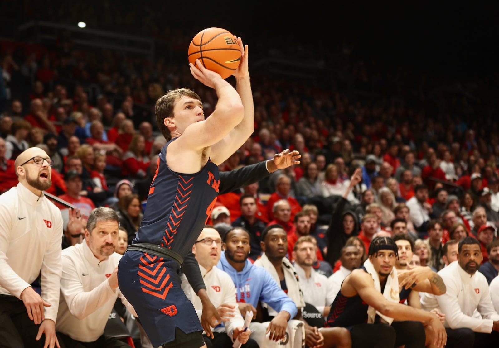 Dayton's Brady Uhl makes a 3-pointer against Alcorn State on Tuesday, Dec. 20, 2022, at UD Arena. David Jablonski/Staff