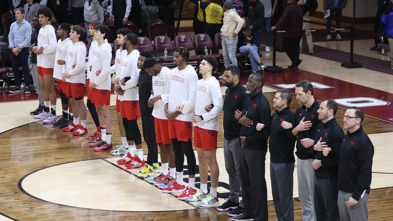 Dayton stands for the national anthem before a game against Fordham on Tuesday, Jan. 10, 2023, at Rose Hill Gym in Bronx, N.Y. David Jablonski/Staff