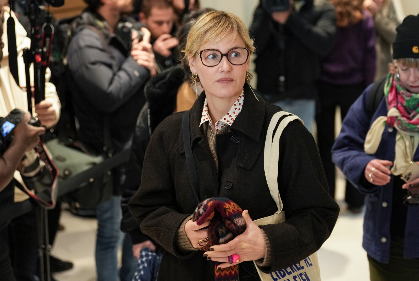 French actor Judith Godreche arrives at courthouse in Paris, Monday, Feb. 3, 2025, for the trial of filmmaker Christophe Ruggia. (AP Photo/Aurelien Morissard)