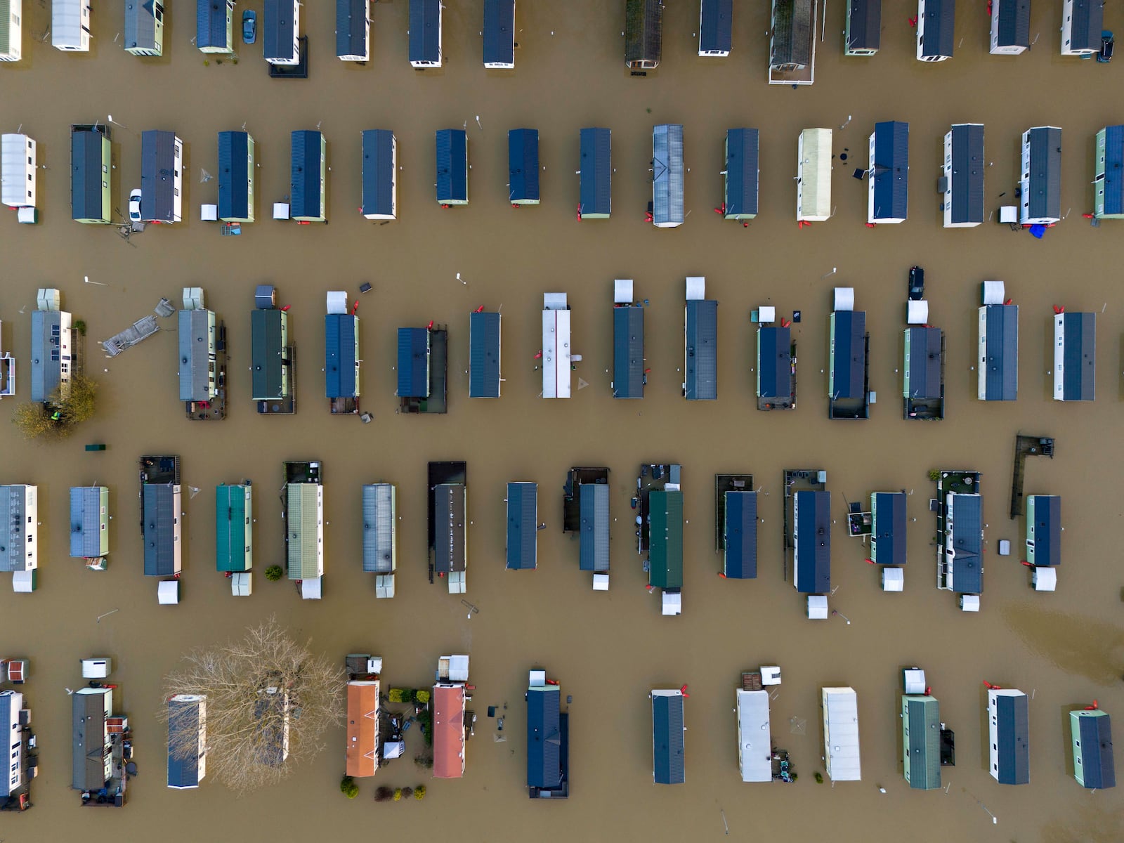 Flooded caravans at Billing Aquadrome Holiday Park, as Storm Bert continues to cause disruption, near Northampton, England, Monday, Nov. 25, 2024. (Jordan Pettitt/PA via AP)