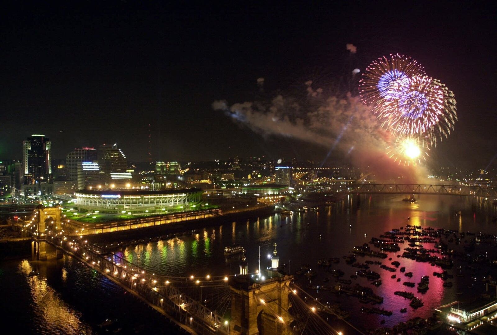 Fireworks explode over the Ohio River during the annual Riverfest activities in Cincinnati. ASSOCIATED PRESS