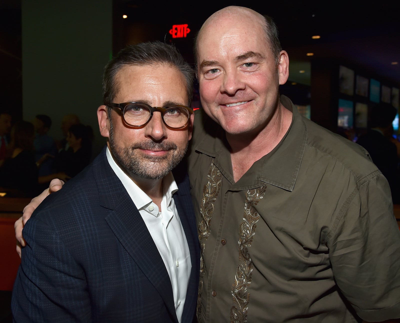 HOLLYWOOD, CA - OCTOBER 06: Actors Steve Carell (L) and David Koechner attend the after party for The World Premiere of Disney's "Alexander and the Terrible, Horrible, No Good, Very Bad Day" at Dave & Busters on October 6, 2014 in Hollywood, California. (Photo by Alberto E. Rodriguez/Getty Images for Disney)