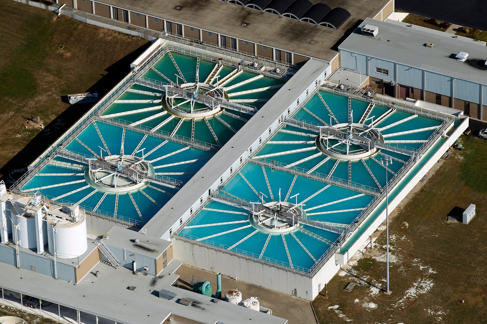 8-11-14  --  Aerial view of the Lime treatment tanks at the City of Dayton Miami Water Treatment Plant.  Dayton draws water form The Great Miami River Buried Aquifer, but treats the water to a stricter surface water standard.   TY GREENLEES / STAFF