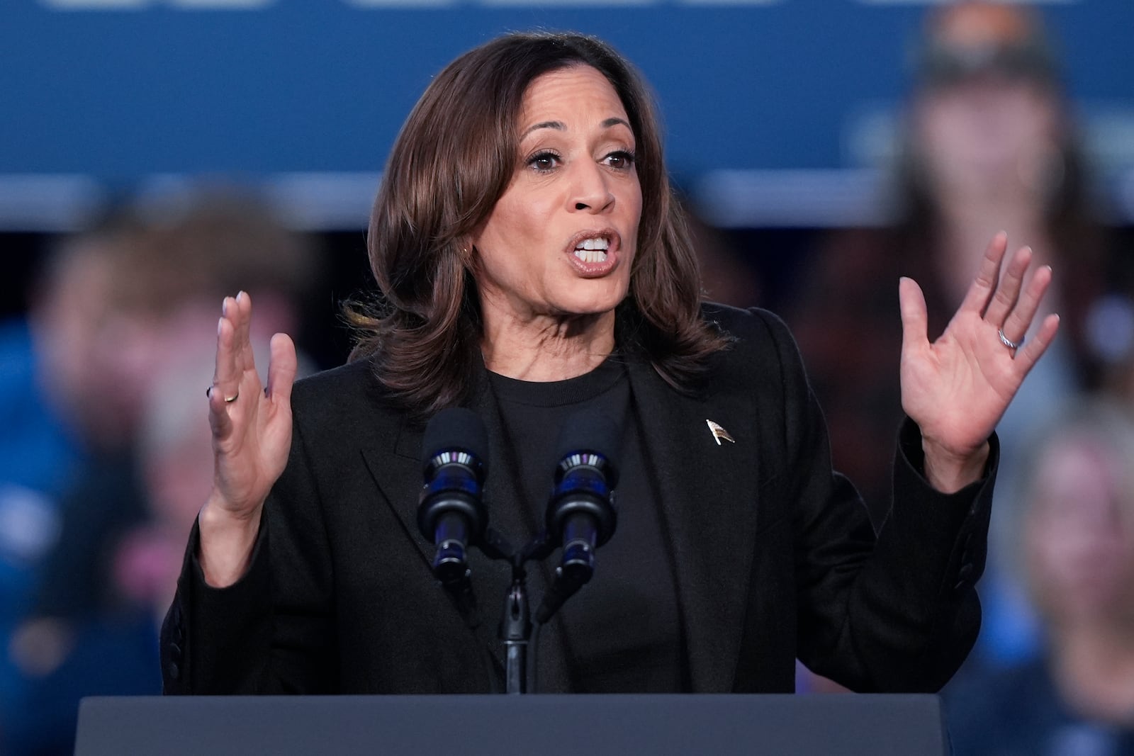 Democratic presidential nominee Vice President Kamala Harris speaks at a campaign rally the Oakland Expo Center in Waterford Township, Mich., Friday, Oct. 18, 2024. (AP Photo/Susan Walsh)