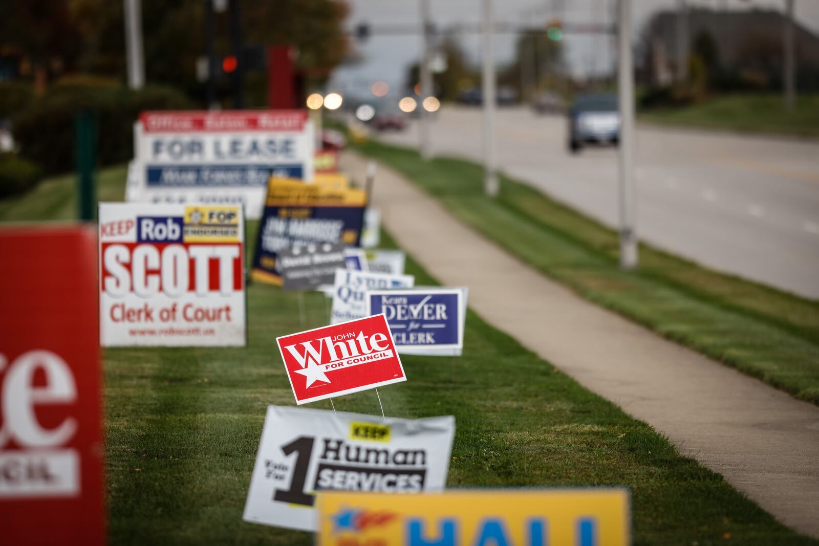 Political sign are lining East Dorothy Lane near Delco Park. JIM NOELKER/STAFF