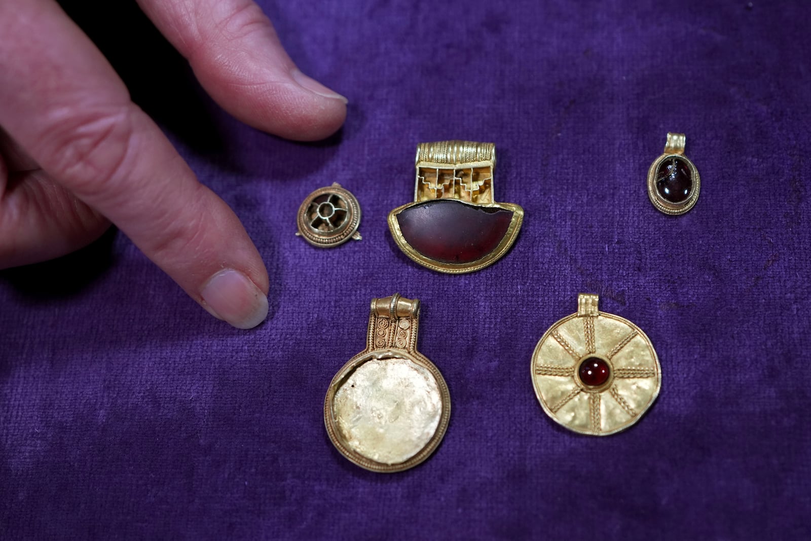 Early medieval gold and garnet grave assemblage dating to the 7th century, is displayed at the British Museum's annual treasure launch in London, Tuesday, Feb. 11, 2025. (AP Photo/Kirsty Wigglesworth)