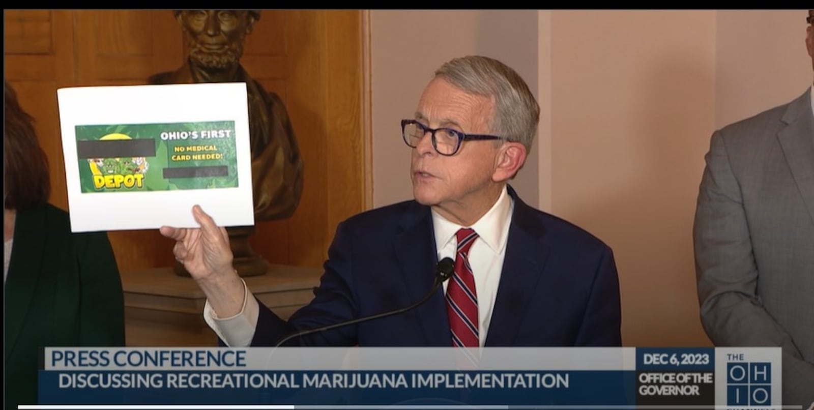 Ohio Gov. Mike DeWine references a Trotwood business as he urges lawmakers to speed up the legal sale of recreational marijuana.