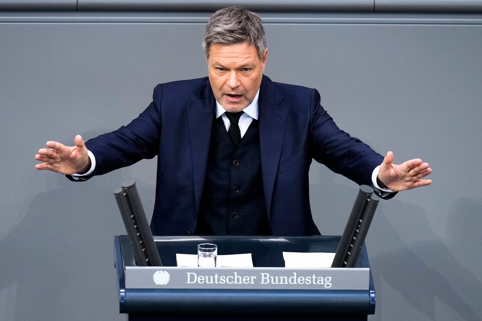 FILE - Germany's Vice Chancellor and Economy and Climate Minister Robert Habeck speaks during the last parliament session ahead of national elections at the Bundestag parliament in Berlin, Germany, Feb. 11, 2025. (AP Photo/Ebrahim Noroozi, File)