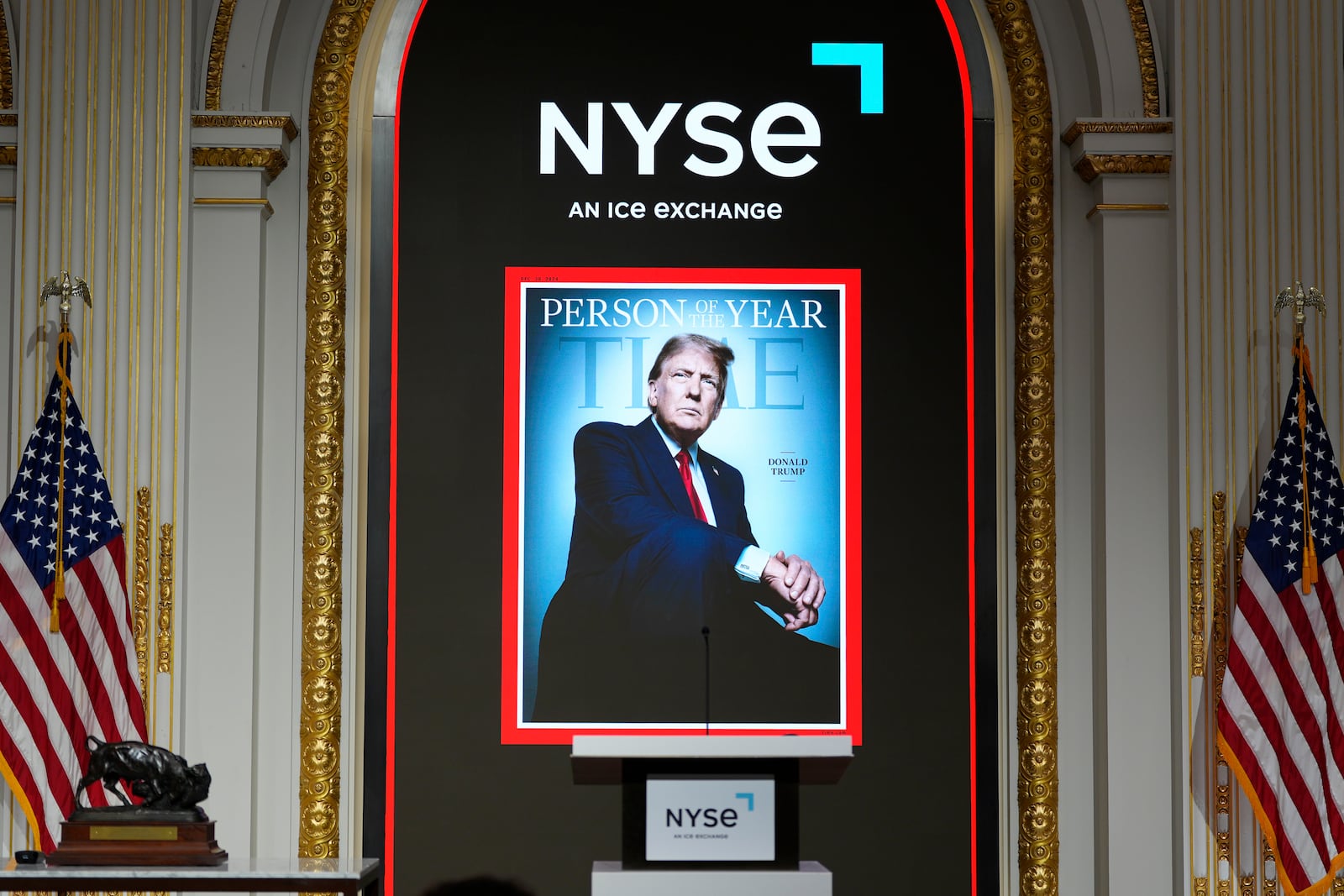 A cover of Time magazine's person of the year, shows President-elect Donald Trump, before a ceremony at the New York Stock Exchange, Thursday, Dec. 12, 2024, in New York. (AP Photo/Alex Brandon)