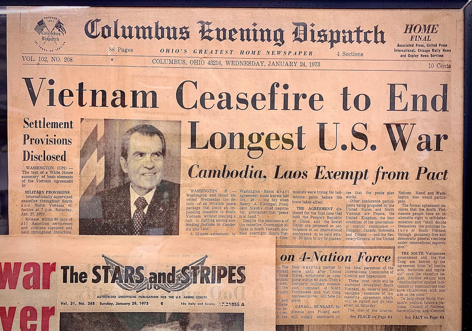 A newspaper on display at the Miami Valley Military History Museum in Fairborn. The museum is planning a event to mark the 50th anniversary to mark the end of the Vietnam War. MARSHALL GORBY\STAFF