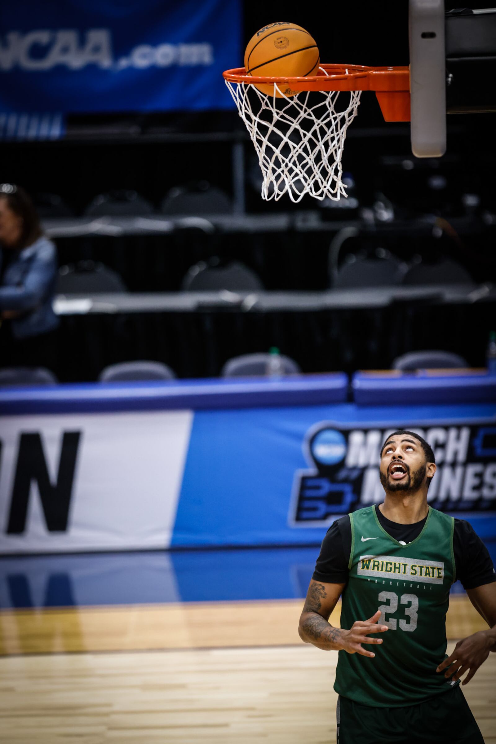 Wright State forward James Mann practices at UD Arena Tuesday ahead of the First Four. Jim Noelker/STAFF