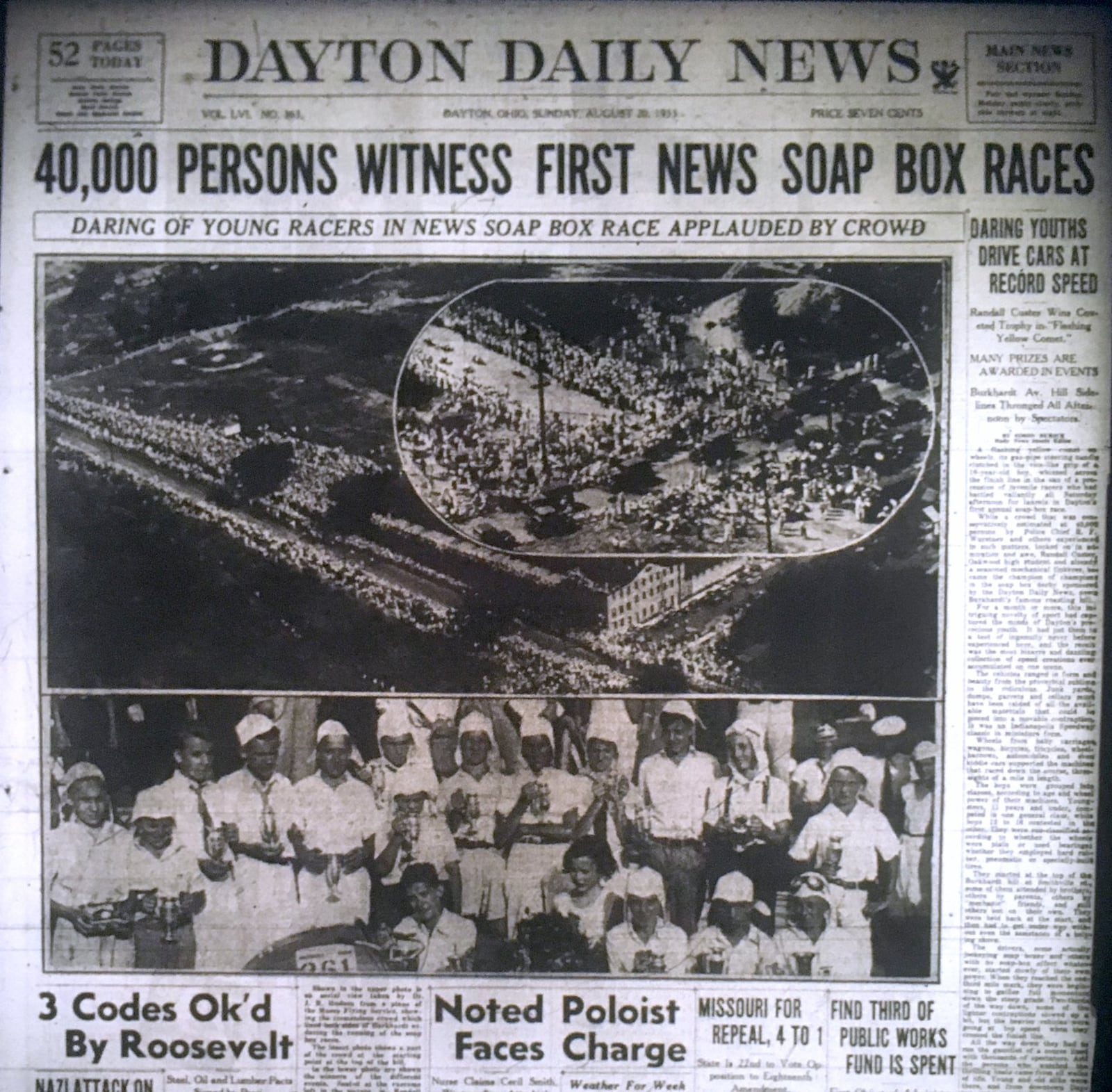 The front page of the Sunday Aug. 20, 1933 edition of the Dayton Daily News tells the story of the first soap box derby races. DAYTON DAILY NEWS ARCHIVE