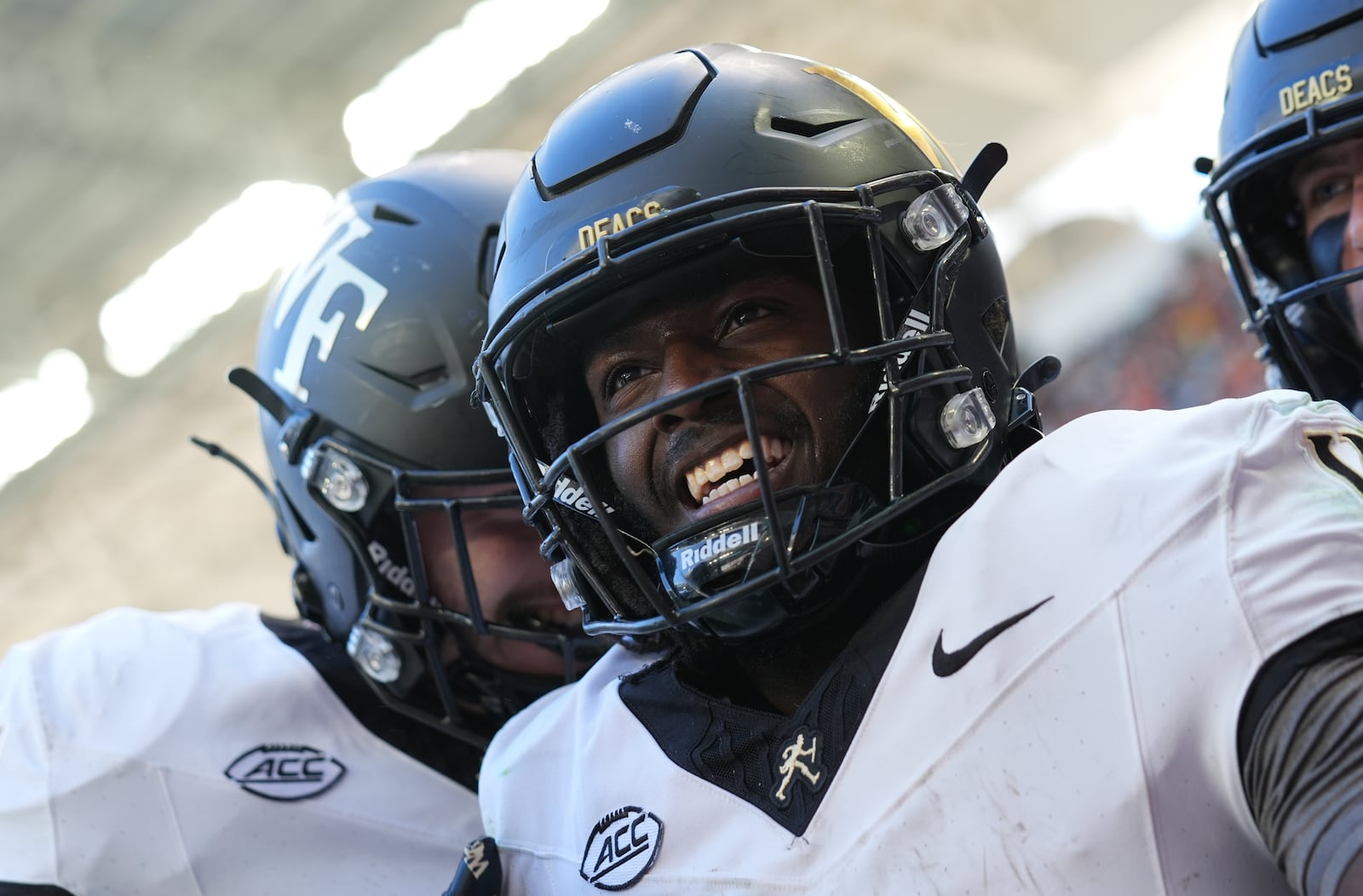 Wake Forest running back Demond Claiborne reacts after scoring a touchdown during the first half of an NCAA college football game against Miami, Saturday, Nov. 23, 2024, in Miami Gardens, Fla. (AP Photo/Lynne Sladky)