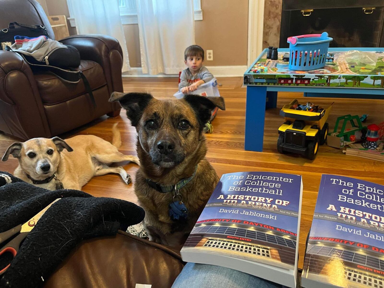 David Jablonski's new book, "The Epicenter of College Basketball: A History of UD Arena" is pictured, along with his dogs, Fergus and Henry and son Chase. Photo by Barbara J. Perenic