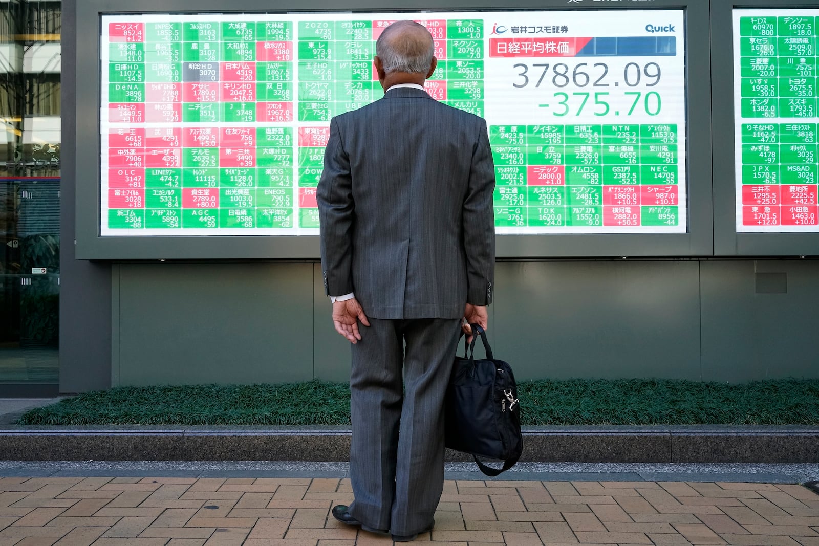 A person looks at an electronic stock board showing Japan's Nikkei index at a securities firm Wednesday, Feb. 26, 2025, in Tokyo. (AP Photo/Eugene Hoshiko)