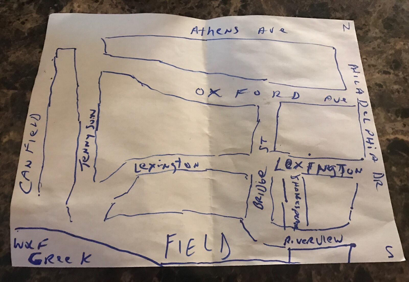 A map Cliff Pierce drew of the old Lower Dayton View neighborhood where he and his pals grew up. At the bottom is The Field, which he calls it Our Field of Dreams. It’s where the kids played baseball and where, just recently, some 50 years later, many of them gathered again to share memories. Tom Archdeacon/STAFF