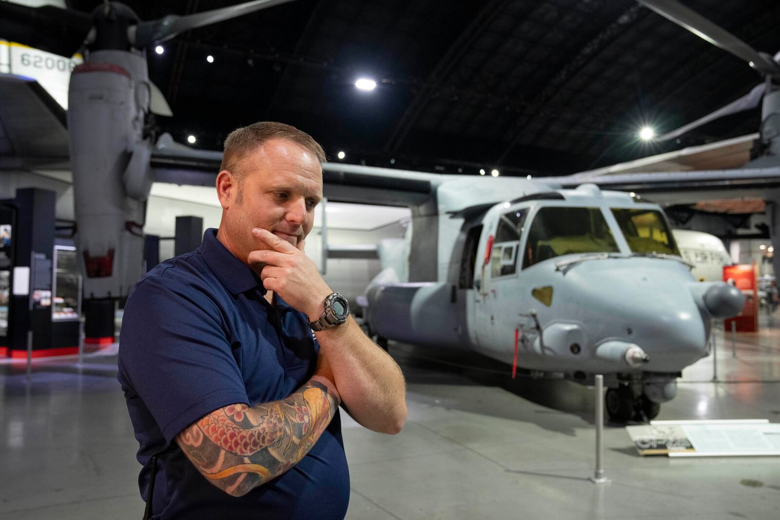 Former Air Force Osprey pilot Brian Luce poses for a portrait inside of the Wright Patterson AFB Air Force Museum, Aug. 9, 2024, in Dayton, Ohio. (AP Photo/Jeff Dean)