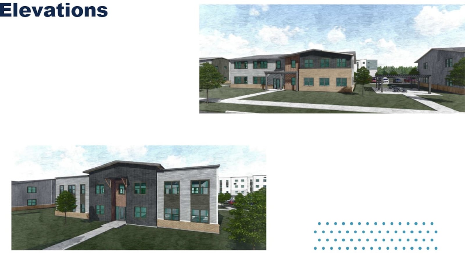 Conceptual renderings of new housing proposed for the Five Oaks neighborhood. CONTRIBUTED