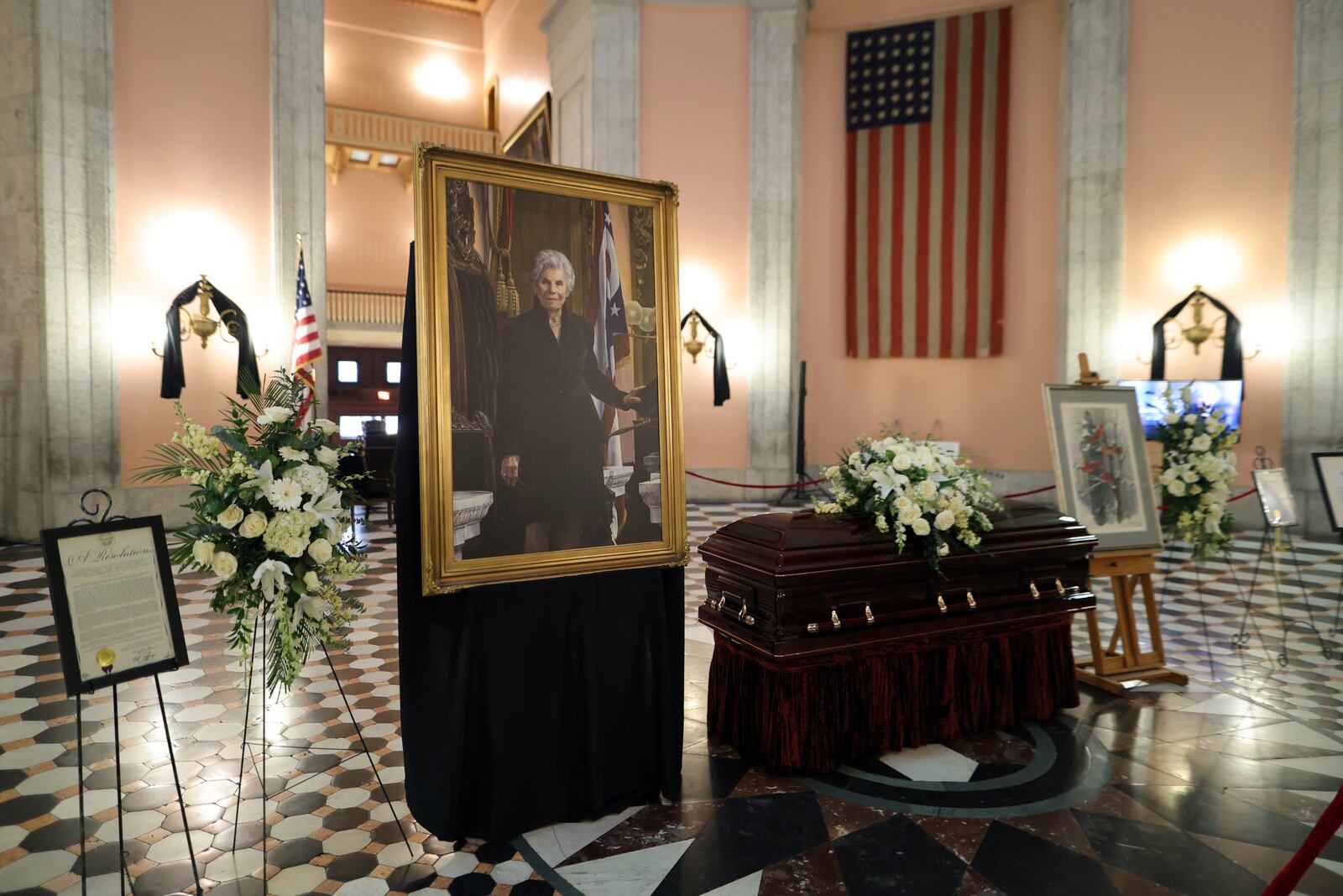 The casket for former Ohio speaker of the House Jo Ann Davidson lie in state in the rotunda of the Ohio Sate House in Columbus, Ohio, Thursday, Oct. 31, 2024. (AP Photo/Paul Vernon)