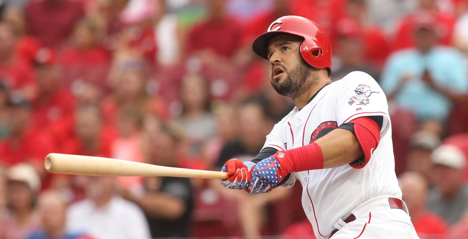 The Reds’ Eugenio Suarez hits a two-run home run against the White Sox on Tuesday, July 3, 2018, at Great American Ball Park in Cincinnati. David Jablonski/Staff