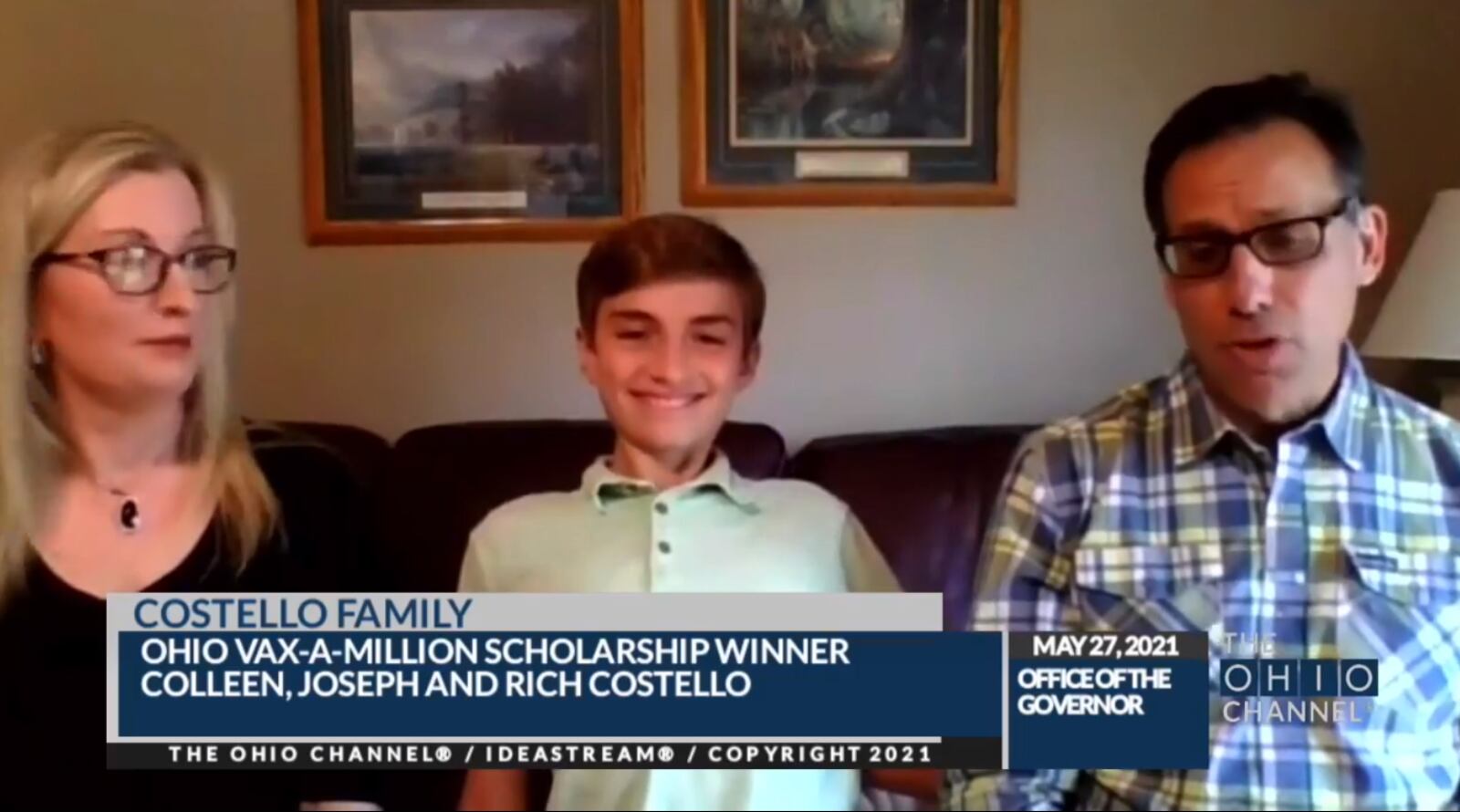 Joseph Costello, middle, and his parents Colleen and Rich shared their reactions to Joseph winning the full college scholarship as part of Ohio's Vax-a-Million campaign.