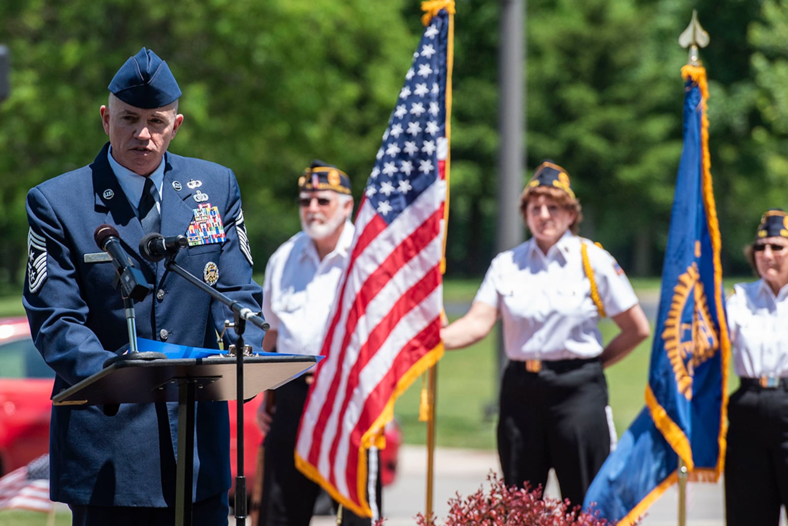 Chief Master Sgt. Jason Shaffer, 88th Air Base Wing command chief, provides remarks as the keynote speaker during a Memorial Day ceremony at the veteran’s memorial in Beavercreek May 31. U.S. AIR FORCE PHOTO/WESLEY FARNSWORTH