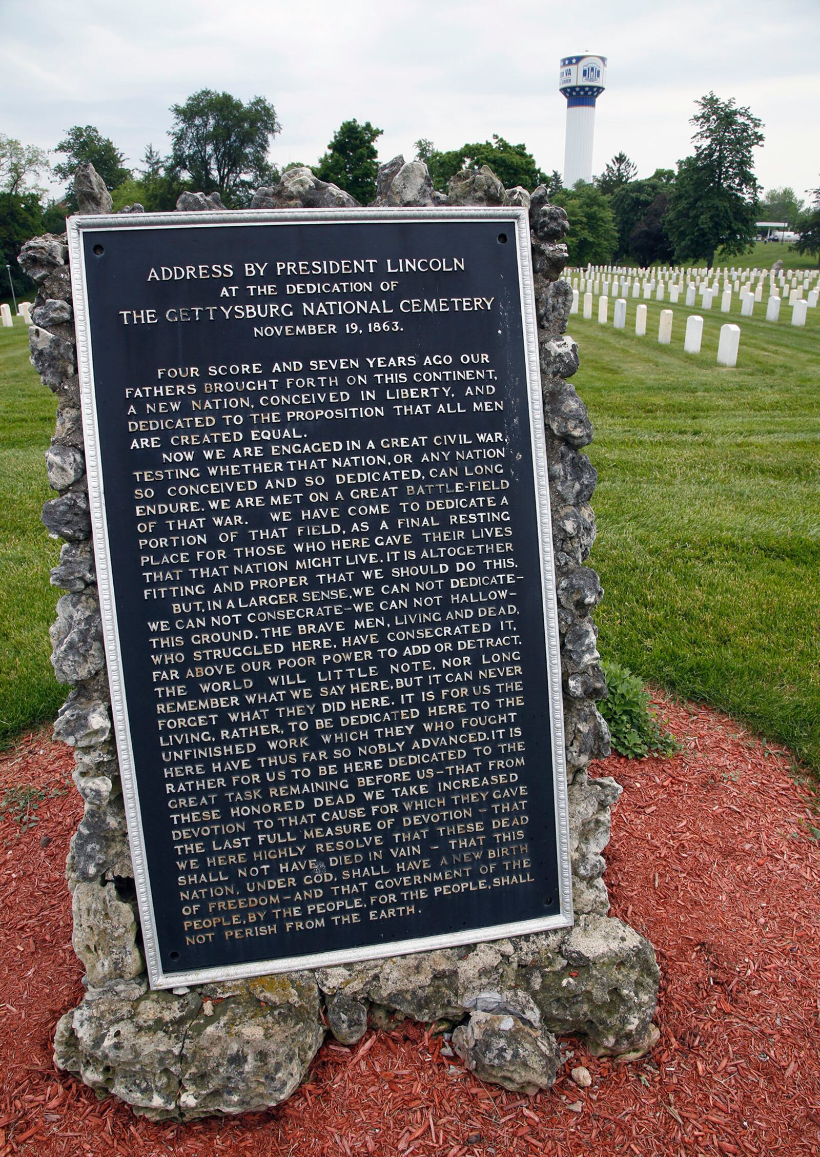 President Abraham Lincoln's Gettysburg Address is on display as a monument at the Dayton National Cemetery.  TY GREENLEES / STAFF