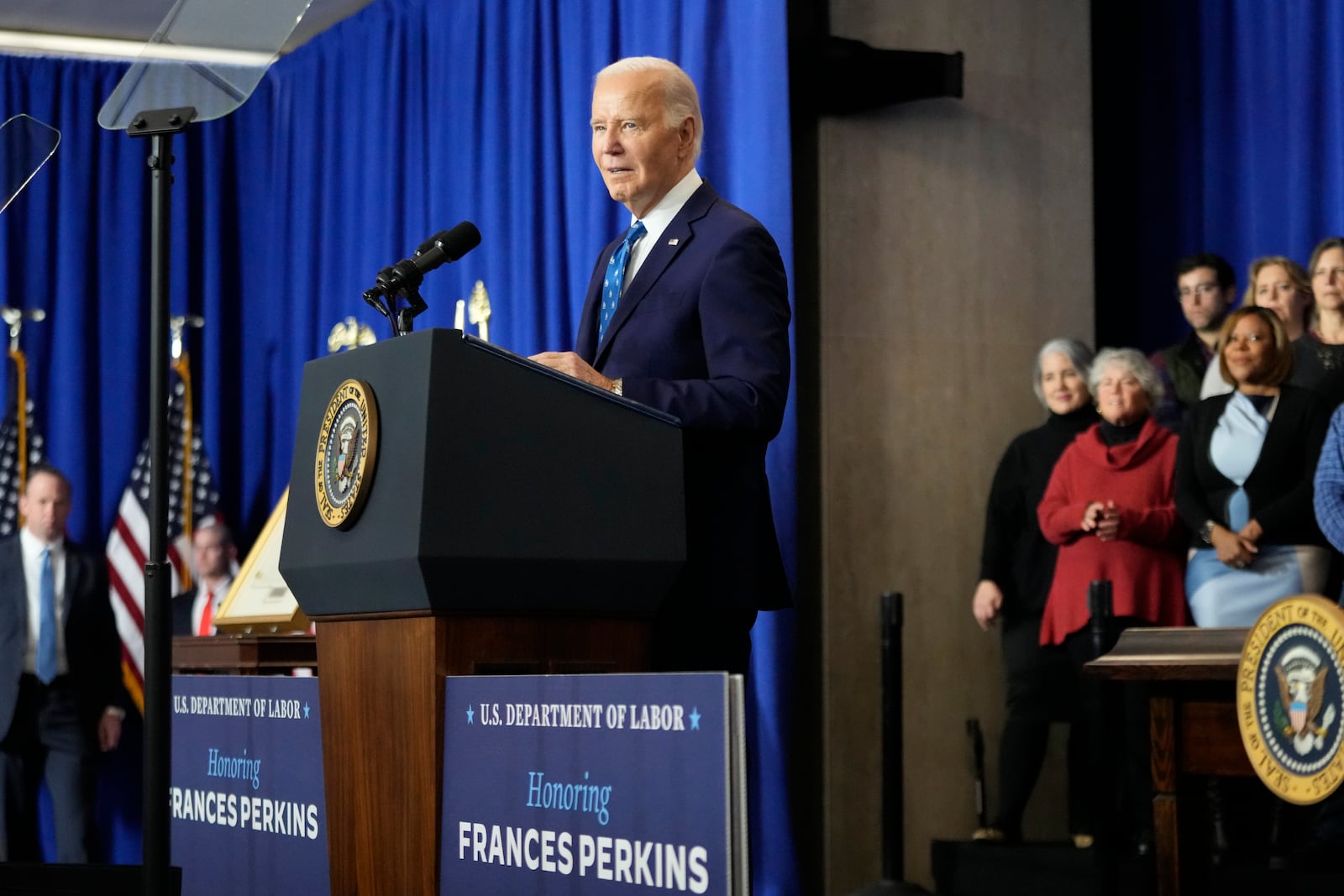 President Joe Biden speaks at the Department of Labor in Washington, Monday, Dec. 16, 2024. (AP Photo/Ben Curtis)