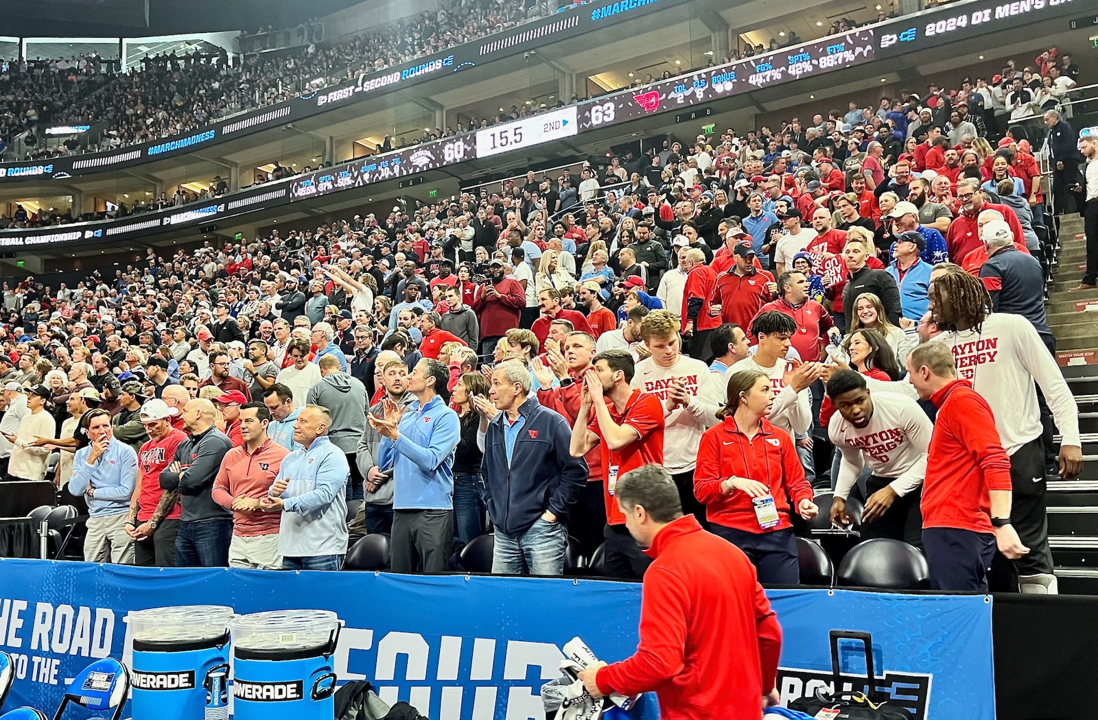 Dayton fans watch during the final minute of a game against Nevada in the first round of the NCAA tournament on Thursday, March 21, 2024, at the Delta Center in Salt Lake City, Utah. David Jablonski/Staff