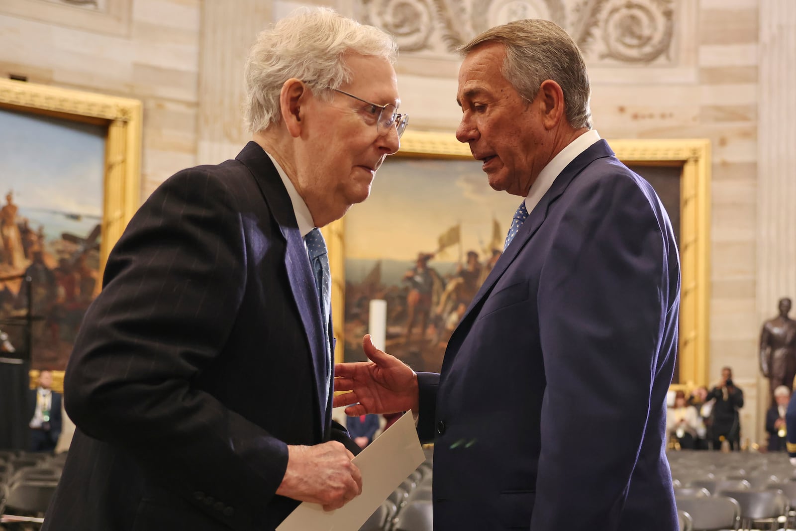 Sen. Mitch McConnell, R-Ky., left, speaks with former Speaker of the House John Boehner before the 60th Presidential Inauguration in the Rotunda of the U.S. Capitol in Washington, Monday, Jan. 20, 2025. (Chip Somodevilla/Pool Photo via AP)