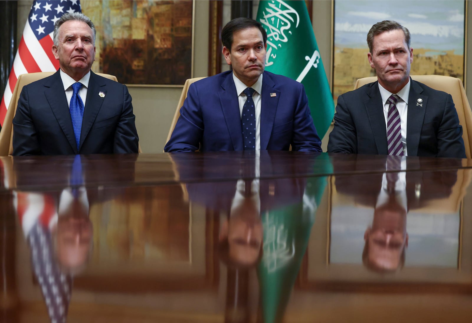 U.S. Secretary of State Marco Rubio, U.S. National Security Advisor Mike Waltz, and U.S. Middle East envoy Steve Witkoff attend an interview after meeting with Russian Foreign Minister Sergei Lavrov and Russian President Vladimir Putin's foreign policy advisor Yuri Ushakov, at Diriyah Palace, in Riyadh, Saudi Arabia, Tuesday, Feb. 18, 2025. (Evelyn Hockstein/Pool Photo via AP)