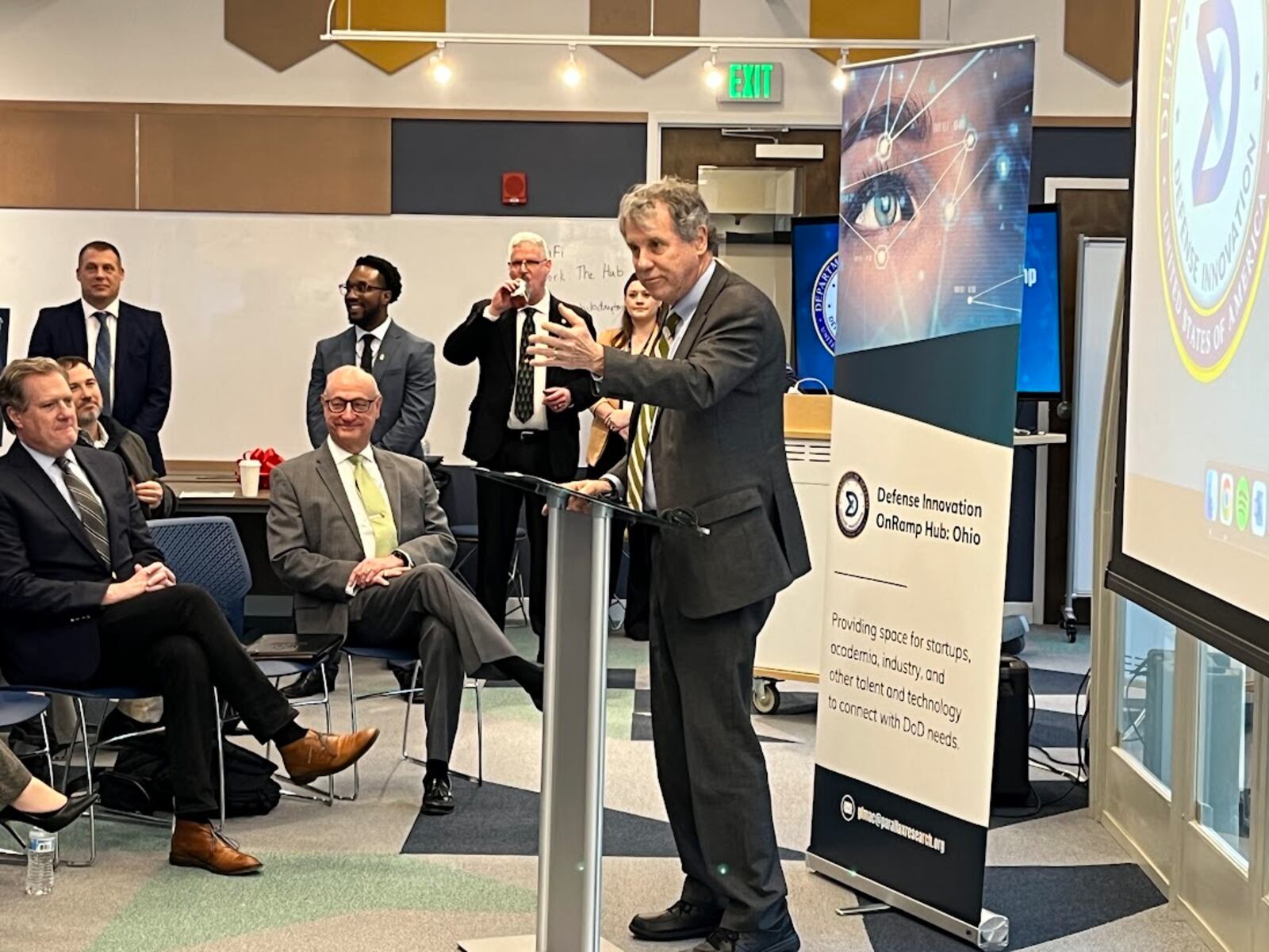 Sen. Sherrod Brown spoke Friday at the Great Lakes Mission Acceleration Center, at the downtown Dayton Arcade. THOMAS GNAU/STAFF