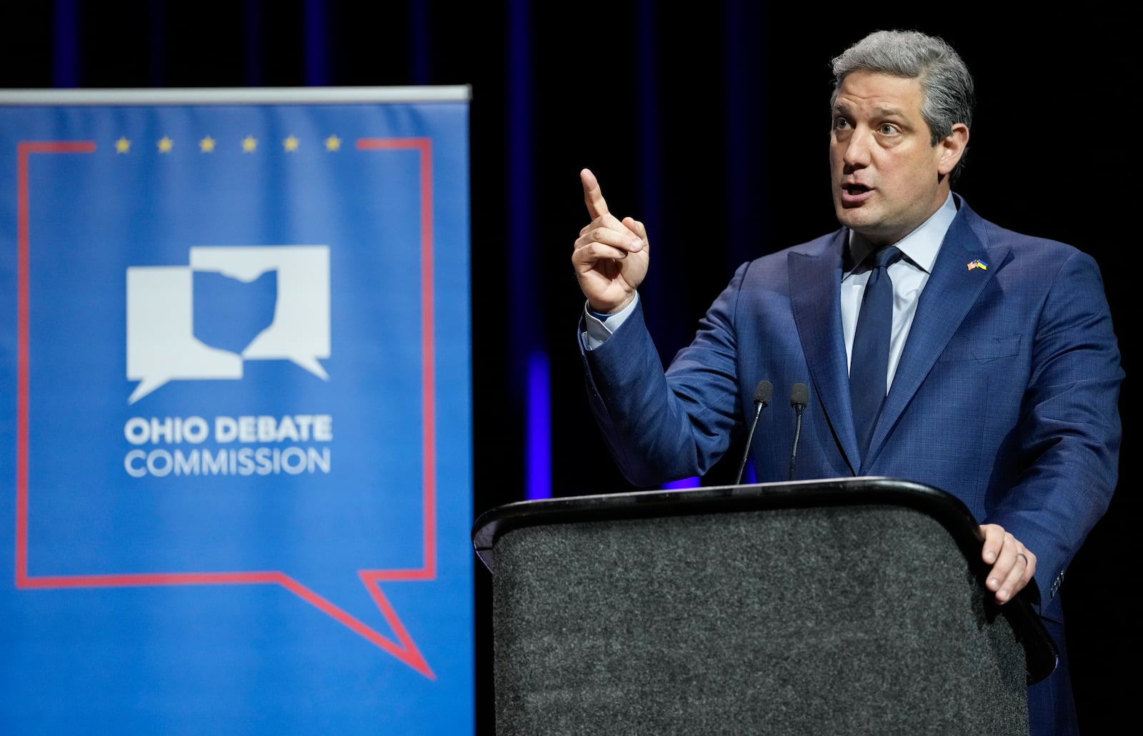 Mon., Mar. 28, 2022; Wilberforce, Ohio, USA; U.S. Senate Democratic candidate Rep. Tim Ryan (D-OH) delivers his closing statement during Ohio’s U.S. Senate Democratic Primary Debate at Central State University. Mandatory Credit: Joshua A. Bickel/Ohio Debate Commission