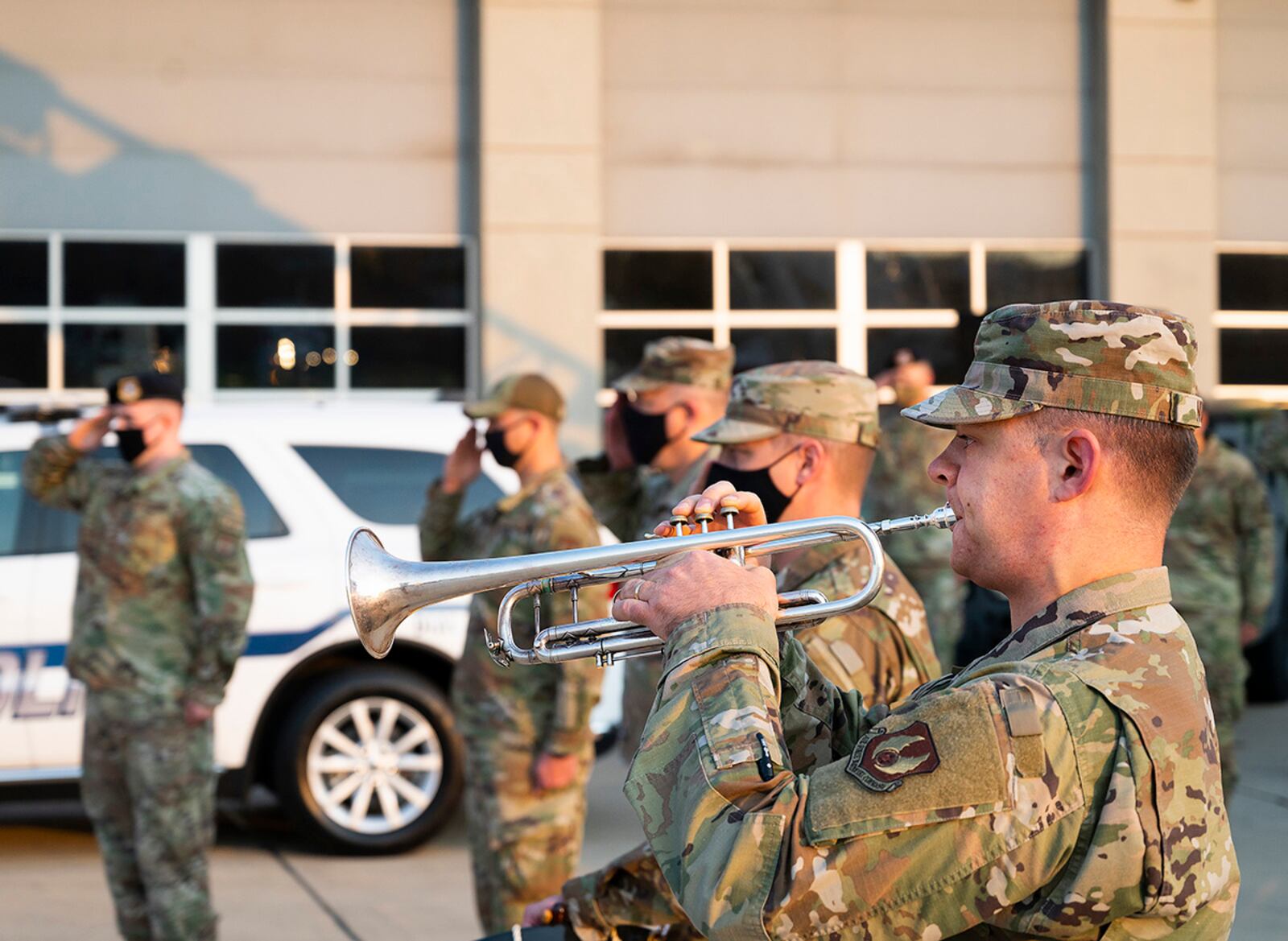 Airman 1st Class James Nufer, Air Force Band of Flight, plays taps Sept. 10 during the Wright-Patterson Air Force Base ceremony commemorating the 20th anniversary of the 9/11 attacks. COVID-19 restrictions limited the number of event attendees, but it was later streamed for those who wanted to see it. U.S. AIR FORCE PHOTO/R.J. ORIEZ