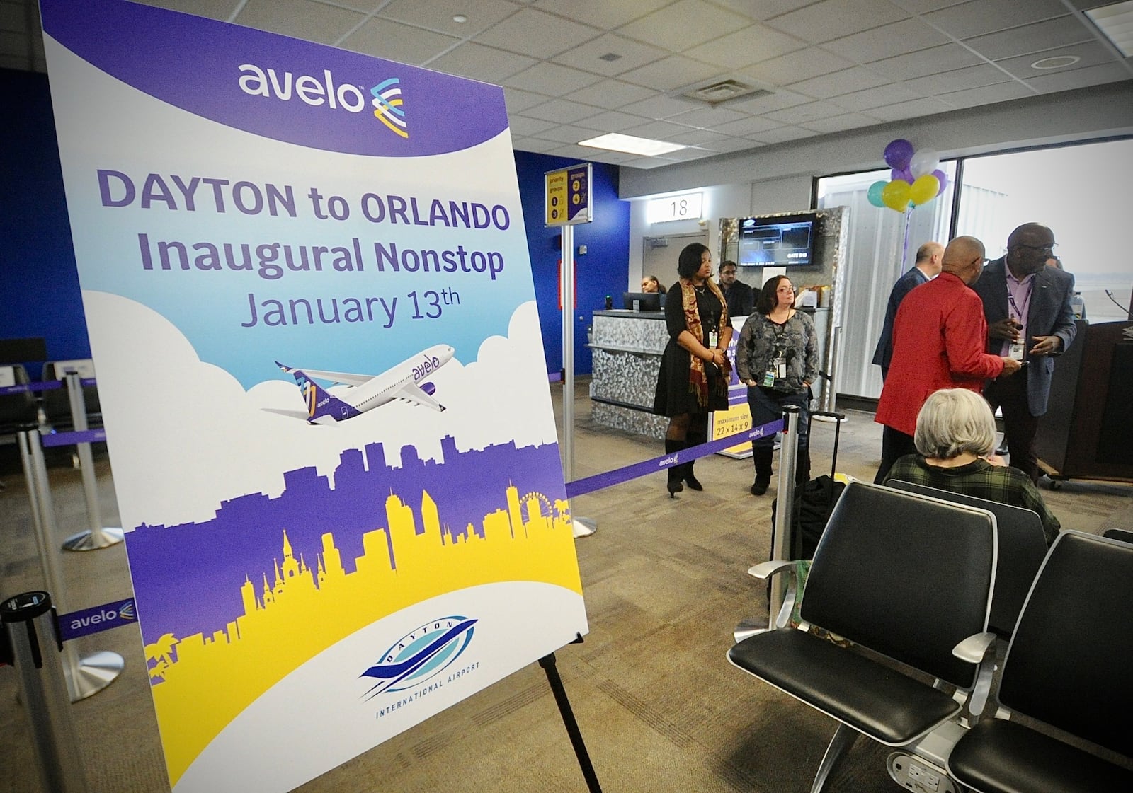 Avelo Airlines celebrated it inaugural flight from the Dayton International Airport Friday, Jan. 13, 2023. The flight, which was sold out, is nonstop to Orlando. MARSHALL GORBY / STAFF