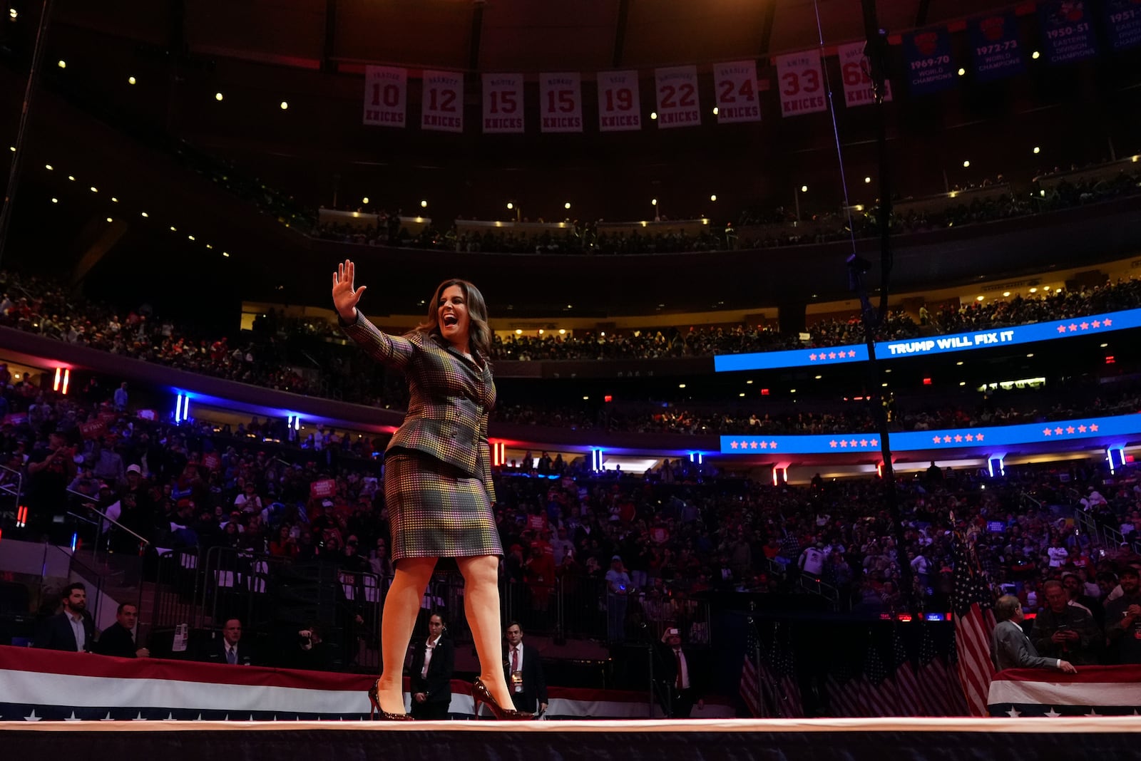 Rep. Elise Stefanik, R-N.Y., speaks before Republican presidential nominee former President Donald Trump at a campaign rally at Madison Square Garden, Sunday, Oct. 27, 2024, in New York. (AP Photo/Alex Brandon)