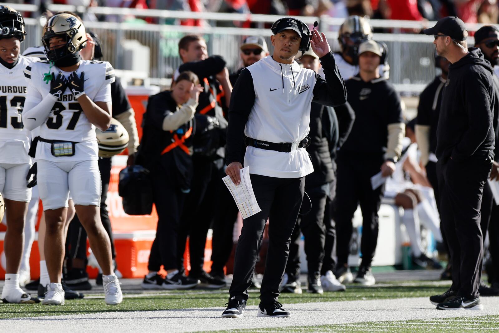 Purdue head coach Ryan Walters looks on during the second half of an NCAA college football game against Ohio State, Saturday, Nov. 9, 2024, in Columbus, Ohio. (AP Photo/Jay LaPrete)